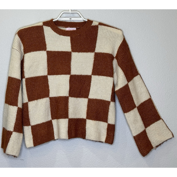 Pink Lily Sweaters - Pink Lily Crewneck Oversized Sweater Sz Small Cream Rust Check Long‎ Bell Sleeve